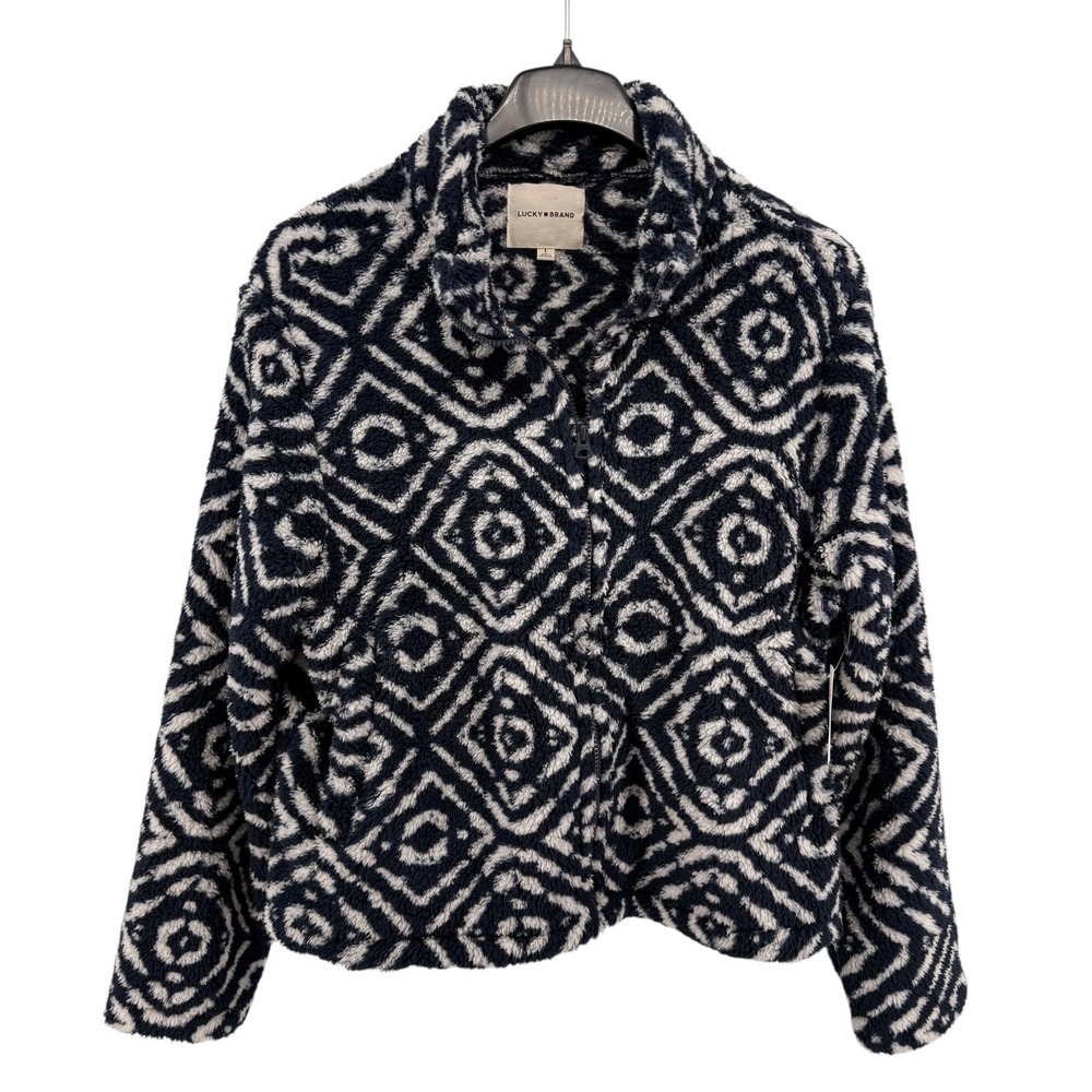 NEW Lucky Brand Fleece Jacket Womens Large FullZip Navy Geometric Faux Fur Plush